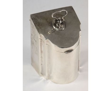 A George V silver tea caddy, maker Adie Brothers Ltd, Birmingham, 1913: in the form of a Georgian style serpentine shaped min