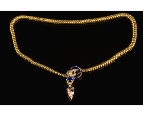 A mid 19th century enamelled gold and seed-pearl snake necklace:, the head decorated with blue enamel, inscribed '28th Dec 18