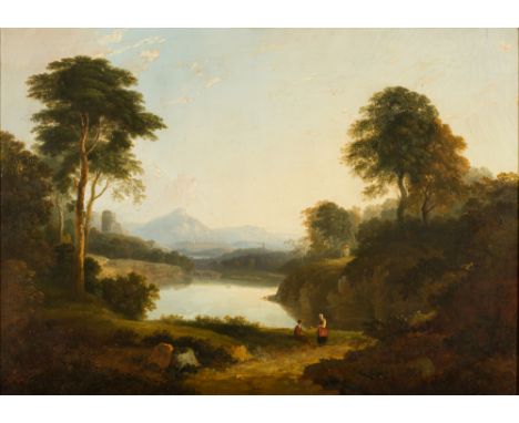 William Traies [1789-1872]-
An upland river landscape, figures in the foreground, hills beyond:-
signed and dated 1859 bottom