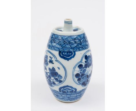 A Chinese blue and white spirit flask: of barrel form with slender spout, painted with three panels of flowering plants, rock