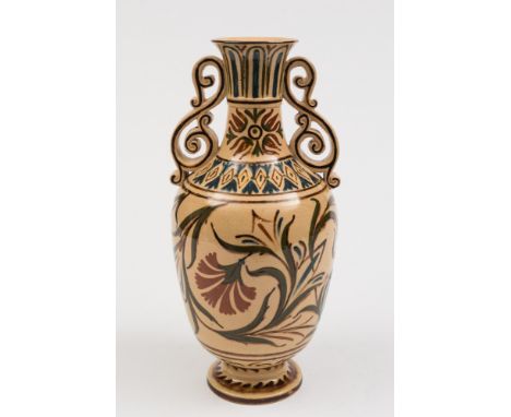 An Aller Vale (Torquay) pottery vase in the Persian taste: of oviform with ornate scrolling handles, the body applied with br