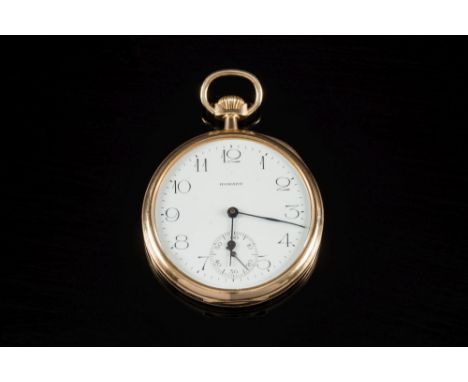 E. Howard, Boston, a 14K keyless pocket watch: the white enamel dial having slim black Arabic numerals, a subsidiary seconds 