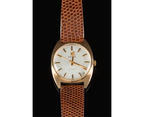 Zenith. A gentleman's 9ct gold wristwatch: the round silvered dial with raised baton numerals and hands, date aperture, sweep