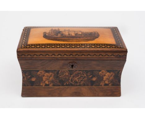A 19th century Tunbridgeware tea caddy: of sarcophagus outline, the hinged lid decorated with a view of Eton College and chap