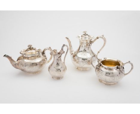 A Victorian matched four-piece tea and coffee service: of globular form with foliate, scroll and bird decoration, the teapot,