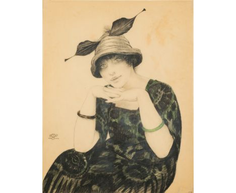 Walter Sauer [1889-1927]-
Portrait of a girl wearing a bonnet and jade bangle:-
signed, 
further signed with a monogram and d