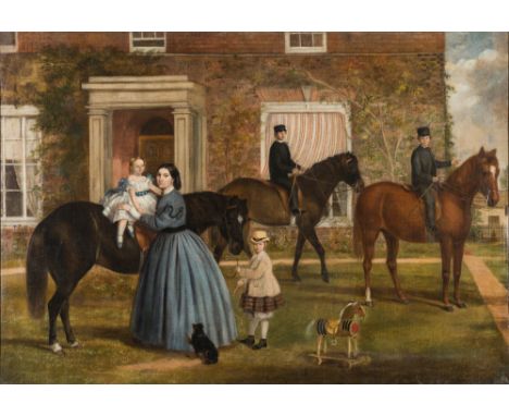 English Provincial School 19th century-
A family portrait; mother and daughter and three sons on ponies
in front of the famil