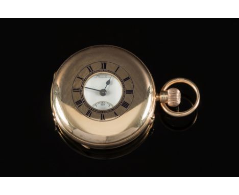 J.W. Benson Ltd, a 9ct gold keyless half-hunter pocket watch: the white enamel dial having black Roman numerals, a subsidiary