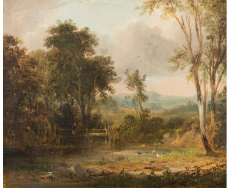 William Traies [1789-1872]-
Figure on a wooden bridge, a pond and ducks in the foreground;
Figures, horse and cart crossing a