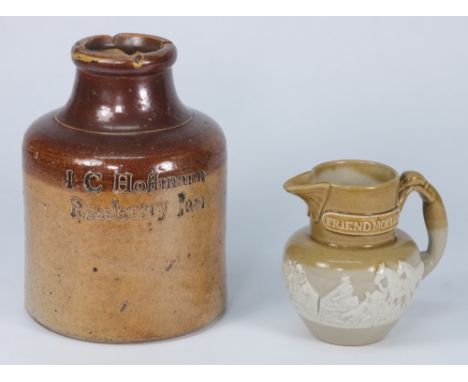 A 19th century stoneware preserve jar and a Pearson & Co. jug: the jar of cylindrical form with waisted neck, inscribed 'I.C.