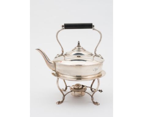 An Edward VII  silver spirit kettle on stand, maker Walker & Hall Co Ltd, London, 1906: of plain circular form with ebonised 