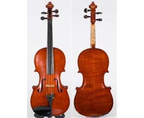 A modern violin by Joseph K Edson, Sidmouth:, the two piece back of medium flame and curl, the varnish of a honey red brown, 