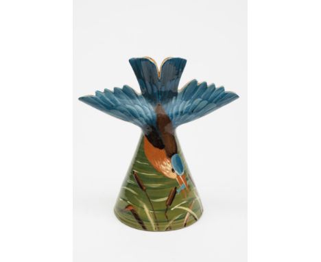 An Aller Vale (Torquay) pottery kingfisher vase: modelled in the form of a diving bird amongst bull rushes in green, blue, br