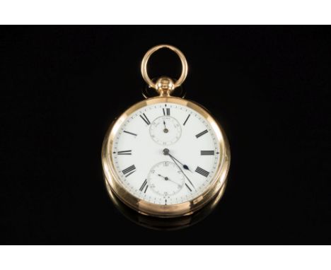 Geo. Jamieson, Aberdeen, an 18ct gold key wound pocket watch: the white enamel dial having black Roman numerals, a subsidiary