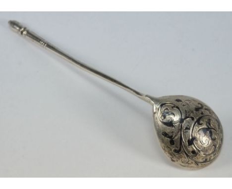 An Imperial Russian silver and niello spoon, assay master BC, Moscow: with scroll and foliate enamel decoration, 14cm. long. 