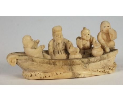 A Japanese ivory netsuke of four men in a boat and another of a woman in traditional costume:, 2.4 and 4.2cm high respectivel