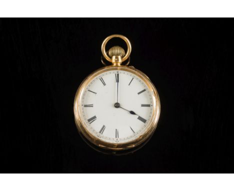 A lady's 18ct gold keyless lever open face pocket watch:, the circular white enamel dial 36mm diameter with Roman numerals in