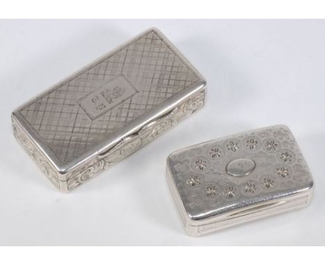 A Victorian silver snuff box, maker ES, Birmingham, 1844: crested and initialled, of rectangular outline, with engine turned 