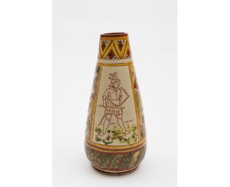 An Aller Vale (Torquay) pottery vase: of tapering form incised with a panel of a knight in full armour and verso with a panel