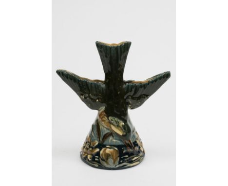 An Aller Vale (Torquay) pottery kingfisher vase: modelled in the form of a diving bird amongst reeds and lilies and decorated