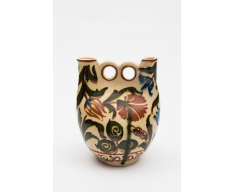 An Aller Vale (Torquay) pottery 'owl' vase: of flattened profile with a pair of narrow necks flanking double loop handles, de