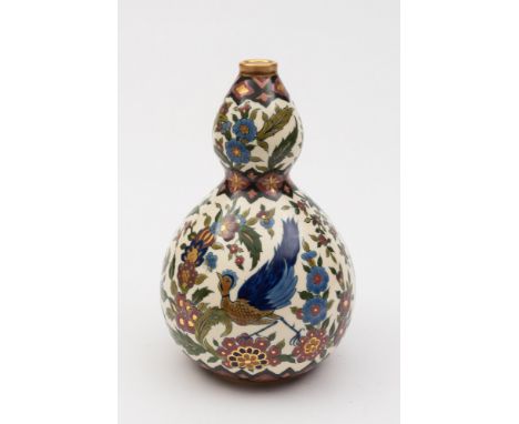 A Zsolnay Pécs pottery vase: of gourd shaped form brightly decorated  in blue, pink and green,with fabulous birds amongst pro