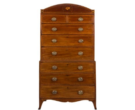 A 19th Century mahogany, satinwood crossbanded and inlaid tallboy:, bordered with boxwood and ebony lines, having a domed ped