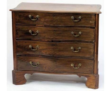 A George III mahogany and inlaid serpentine fronted chest:, the cross banded and chequer inlaid top with a moulded edge and c