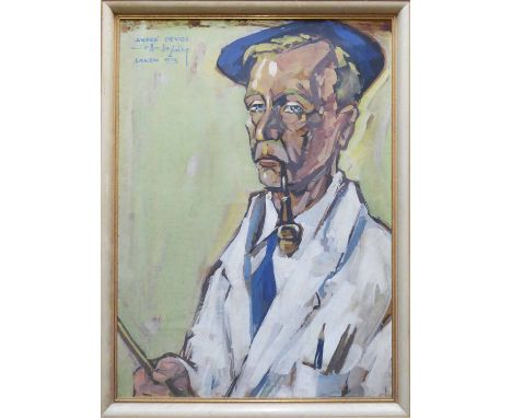 ANDRÈ DEVOS (20th Century Belgian) 'Self Portrait with Pipe', 1963, tempera on board, signed dated and located 'Caffé Le Zaïr
