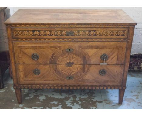 ITALIAN COMMODE, 18th century Kingwood satinwood marquetry and olivewood crossbanded with three long drawers, 120cm W x 59cm 