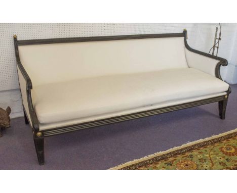 SOFA, Regency design ebonised framed with cream upholstery, 223cm L x 95cm H.