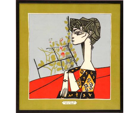 PABLO PICASSO 'Jacqueline seated', rare textile, 76cm x 76cm, framed and glazed.