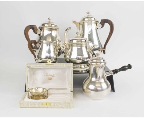 CHRISTOFLE FRANCE, a vintage silver plated tea and coffee set, together with a Christofle tea strainer and a Turkish coffee. 