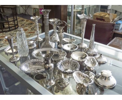 SILVER CANDLESTICK, various posy vases, stud box tray, salts and inkwork. (Qty)