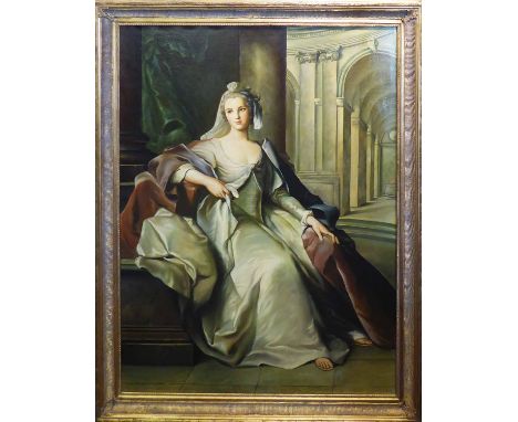 LATE 19th/EARLY 20th CENTURY SCHOOL 'Portrait of a Lady Sitting under a Gallery', oil on canvas, 120cm x 90cm, framed.