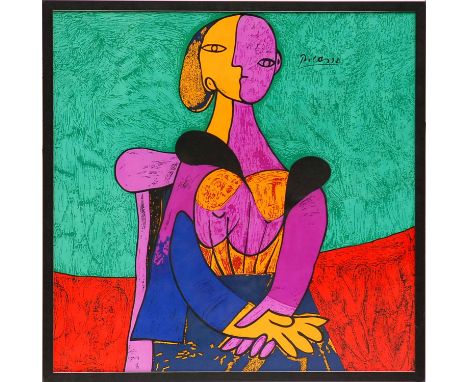 PABLO PICASSO 'Seated Woman', textile, 81cm x 81cm, framed and glazed.