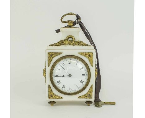 ANTIQUE MANTEL CLOCK, a late 19th century French white marble and gilt ormolu clock with key, 24cm H x 12cm.