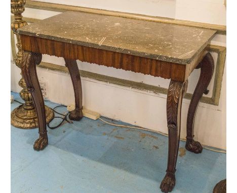 CONSOLE TABLE, William IV mahogany, the grey fossil marble top over a carved frieze and opposing cabriole legs terminating in