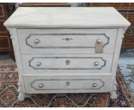 COMMODE, 19th century French Napoleon III traditionally grey painted with three long drawers, 86cm H x 105cm x 56cm.