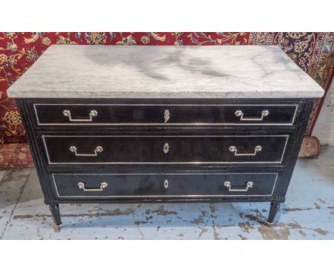 COMMODE, 19th century French Directoire design, ebonised and silver metal mounted, with three long drawers, 89cm H x 130cm x 