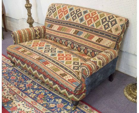 SOFA, kilim and blue velvet upholstered, 144cm x 94cm.