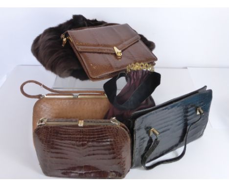 A Collection of Lady's Vintage Handbags, including black leather, three brown leather, a Victorian coin purse together with a