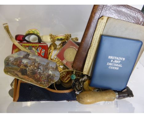 A Collection of Miscellaneous Items, including watches, coins, vintage bottle opener, RM Police leather folder, pot lid.