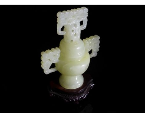 Chinese 20th Century White Jade Vase and Cover, the censer shaped vase featuring a plain body and circular stem foot with sty