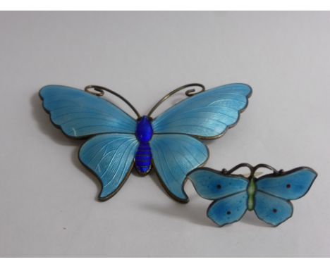 Two Sterling Silver and Blue Enamel Butterfly Brooches., the large brooch no. 2577, approx 6.5 x 4.5 cms and the smaller 1086