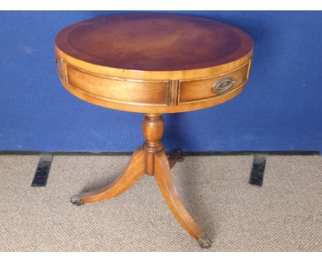 A Reproduction Mahogany Drum Table, with decorative inlay on tripod base, approx 61 x 50 cms.
