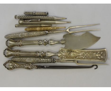 Miscellaneous Silver Items, including four silver pencils, two knives, two forks and a silver handled button hook.