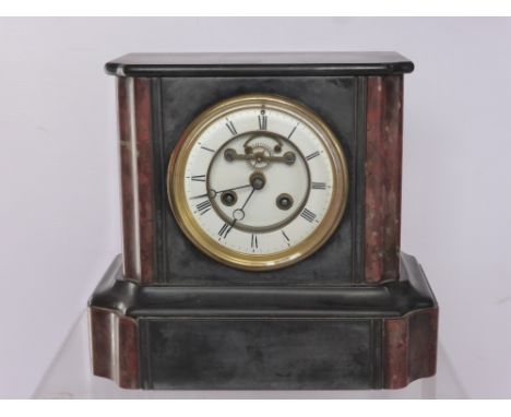 A Rose Marble Mantle Clock, with white enamel dial and Roman numerals.