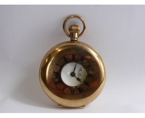A Lady's 12/14 Ct Yellow Gold and Blue Enamel Half Hunter Pocket Watch, the watch having white enamel face with Roman numeral