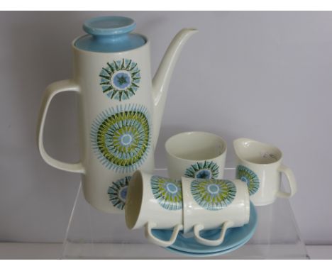 A Meekin Coffee Service, comprising coffee pot, milk jug, sugar bowl, six cups, six saucers and six cake plates.